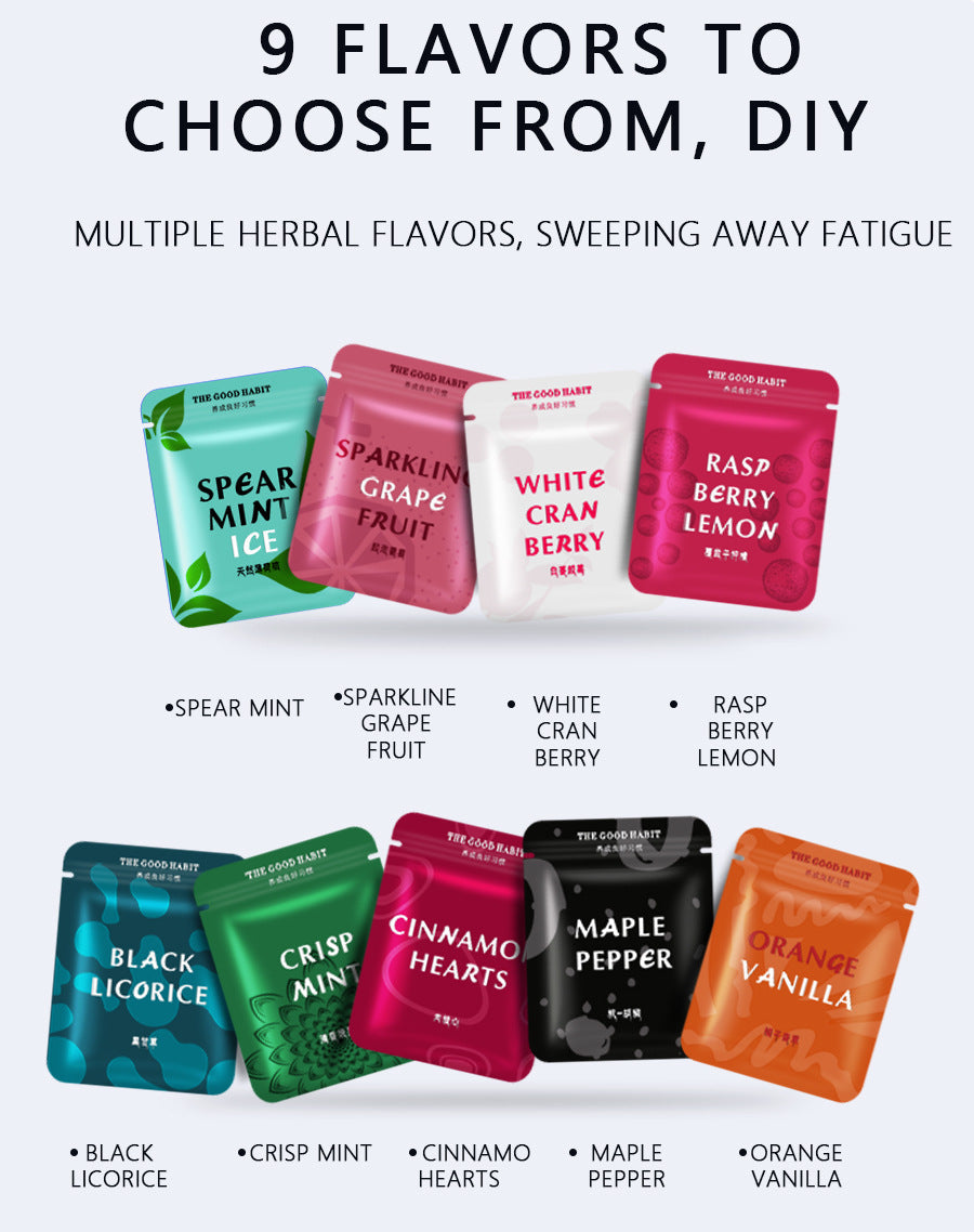 Assorted herbal flavor packages with a diagram of a smoking device and text about flavors and nicotine blocking.